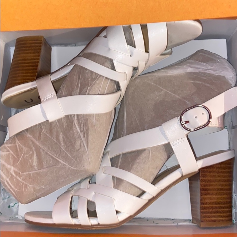 White leather sandal heels